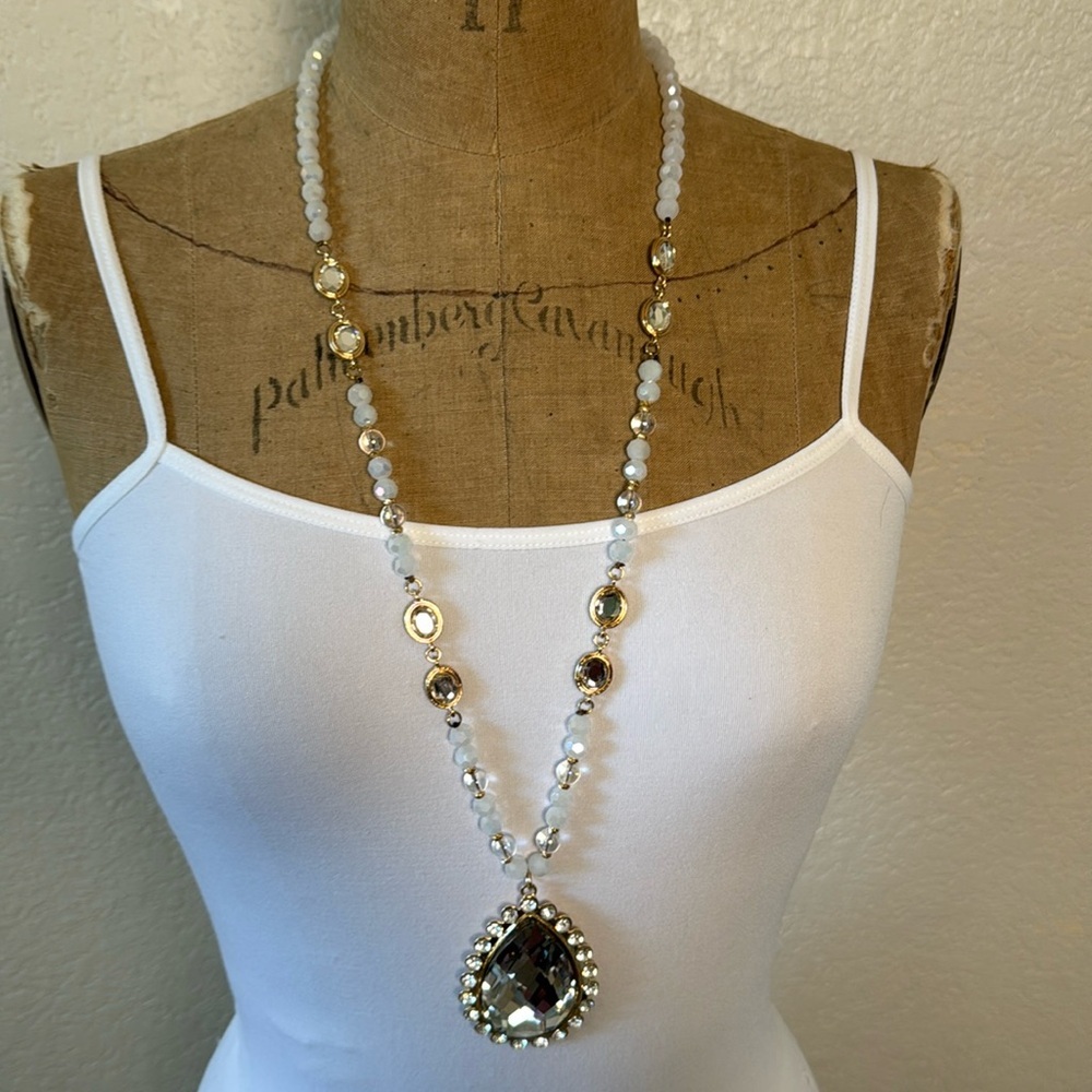 Emma‎ Teardrop Crystal Necklace Long Gold White Silver NWT + Earrings